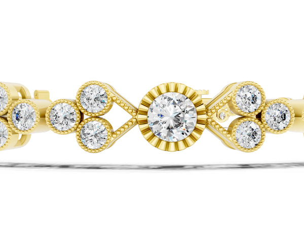 Yellow gold Round Cut Diamond Tennis Bracelet with Bezel Setting and Milgrain Band