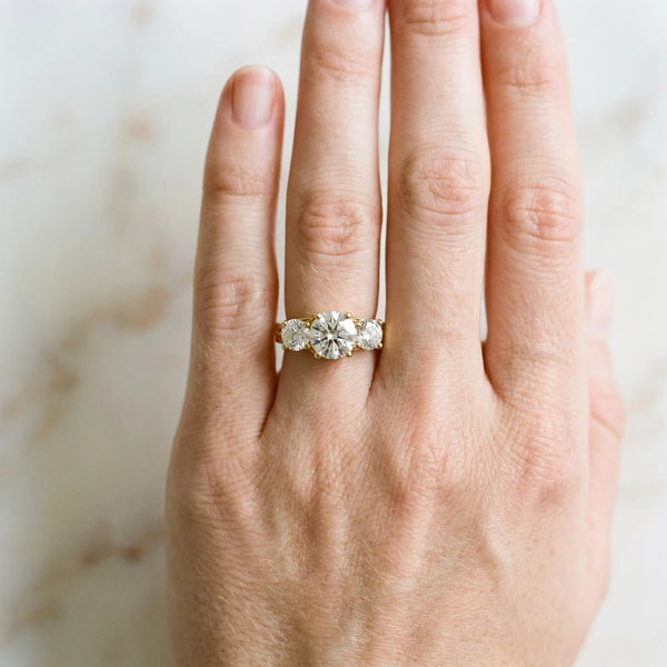 Yellow Gold Round Three Stone Pave Engagement Ring Setting with Near-Equal Side Stones