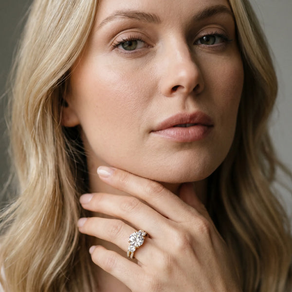 Yellow Gold Round Three Stone Engagement Ring Setting with Rimmed Round Sides and Pave Split Shank