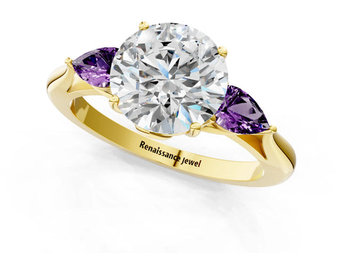 Yellow gold Round Cut Diamond Three-Stone Ring with Pear with Amethyst side stone Side Stones and Prong Setting_1