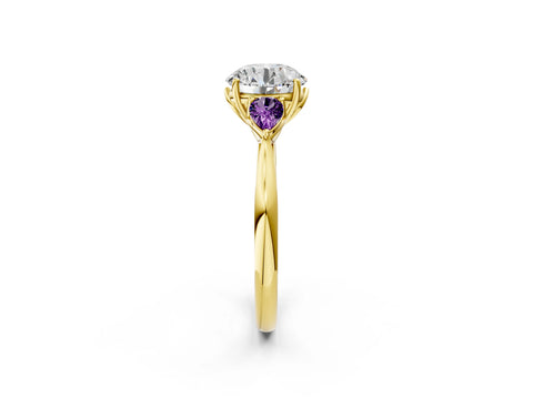 Yellow gold Round Cut Diamond Three-Stone Ring with Pear with Amethyst side stone Side Stones and Prong Setting_2