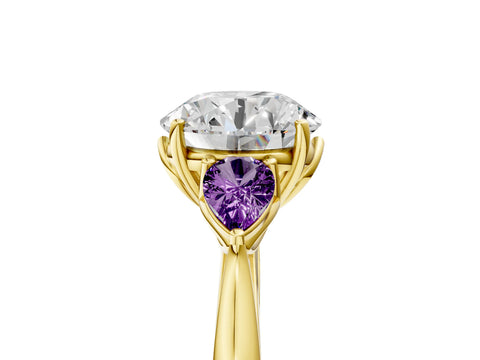 Yellow gold Round Cut Diamond Three-Stone Ring with Pear with Amethyst side stone Side Stones and Prong Setting_5