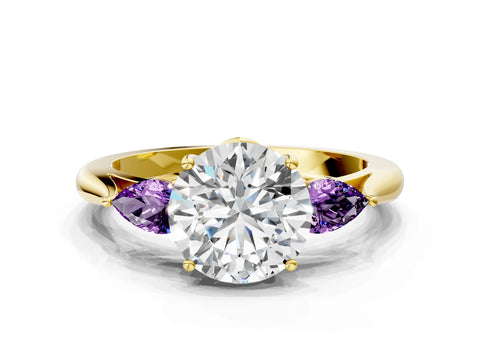Yellow gold Round Cut Diamond Three-Stone Ring with Pear with Amethyst side stone Side Stones and Prong Setting
