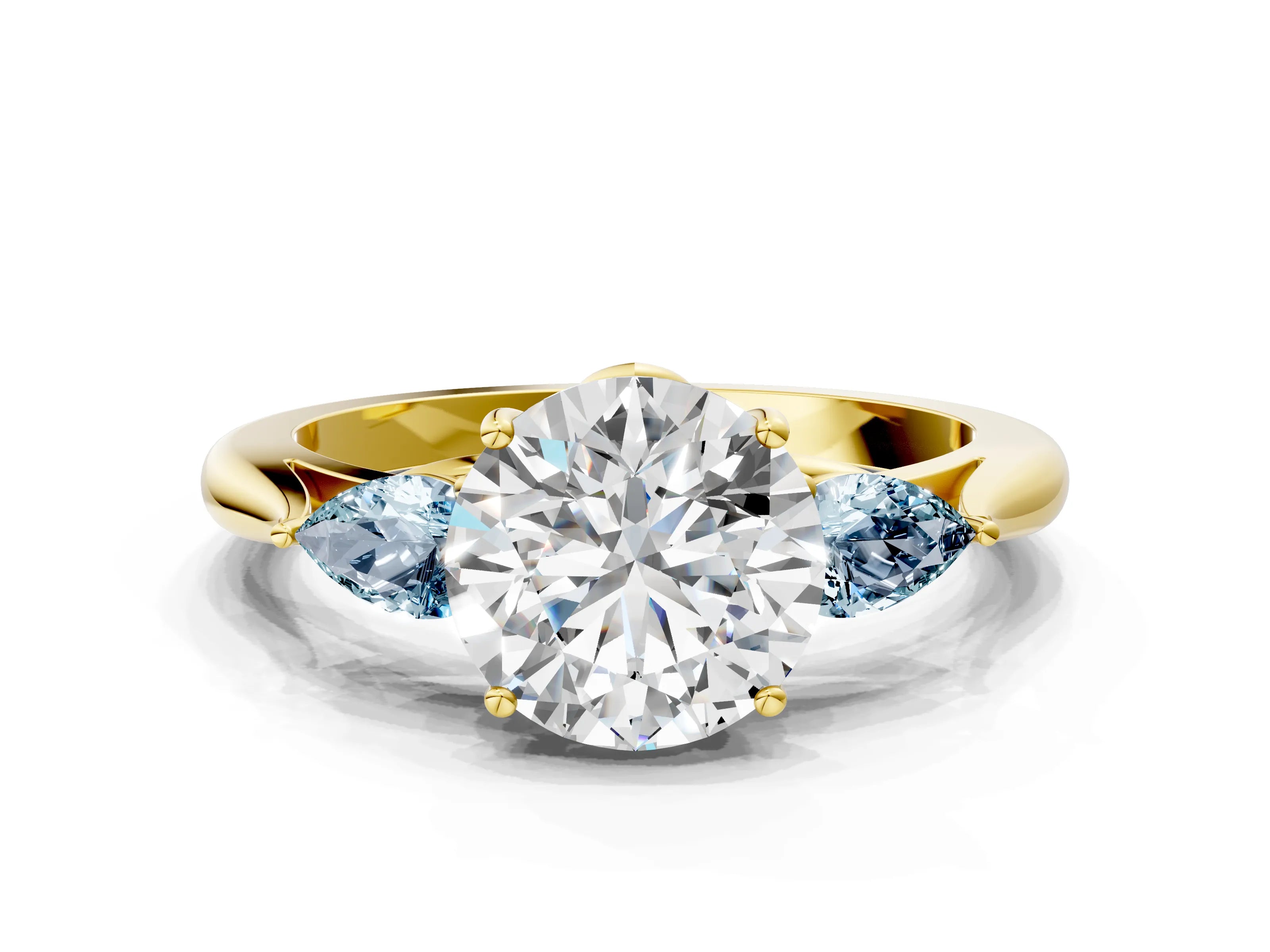 Yellow gold Round Cut Diamond Three-Stone Ring with Pear with Aquamarine side stone Side Stones and Prong Setting