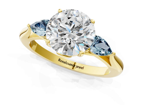 Yellow gold Round Cut Diamond Three-Stone Ring with Pear with Aquamarine side stone Side Stones and Prong Setting_1