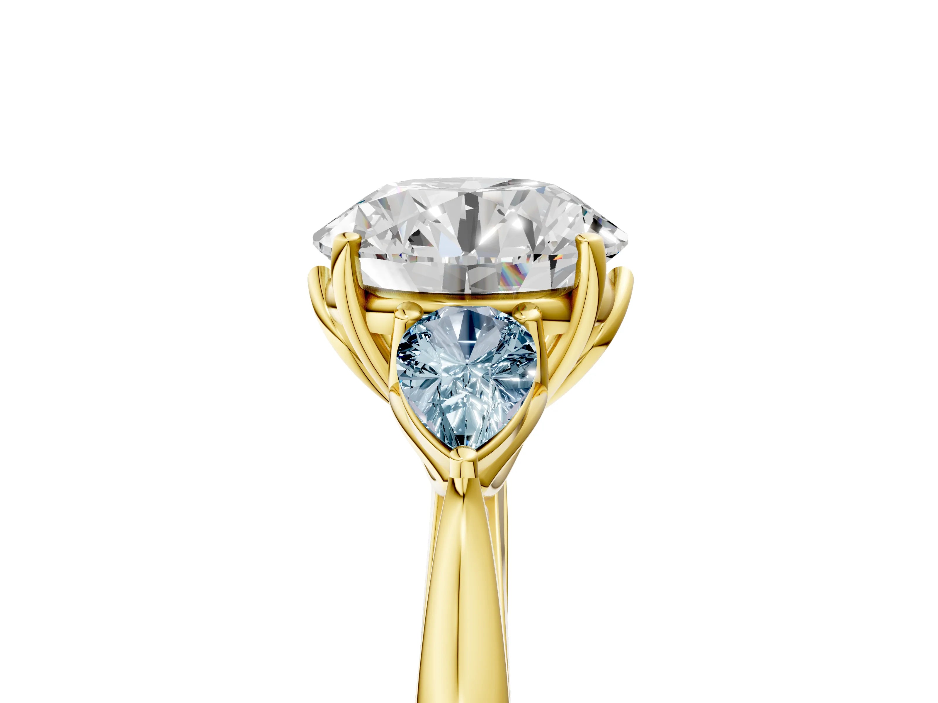 Yellow gold Round Cut Diamond Three-Stone Ring with Pear with Aquamarine side stone Side Stones and Prong Setting_5