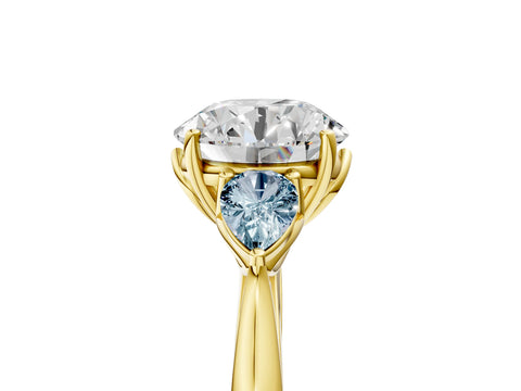 Yellow gold Round Cut Diamond Three-Stone Ring with Pear with Aquamarine side stone Side Stones and Prong Setting_5