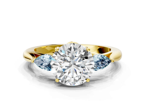 Yellow gold Round Cut Diamond Three-Stone Ring with Pear with Aquamarine side stone Side Stones and Prong Setting