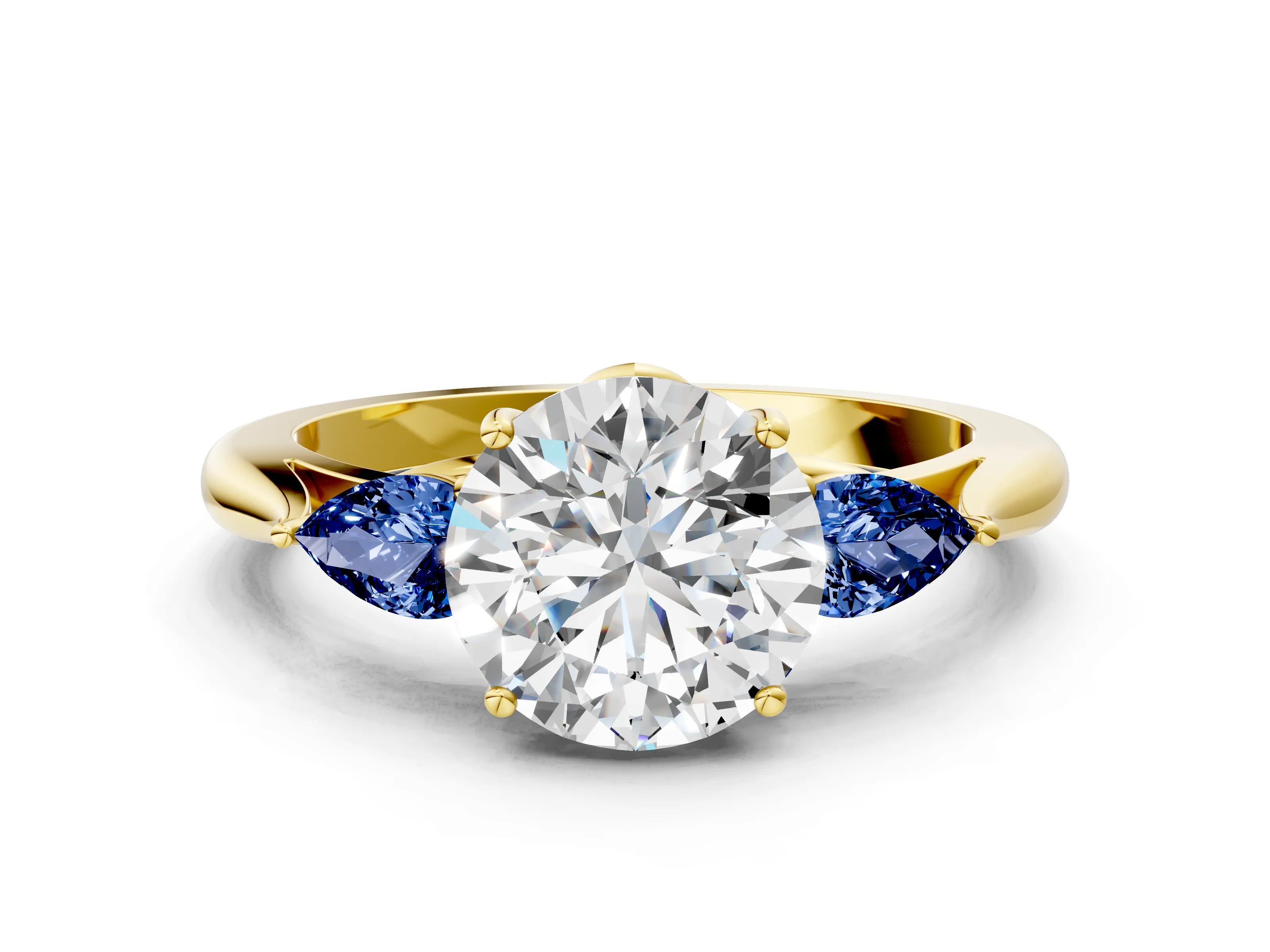 Yellow gold Round Cut Diamond Three-Stone Ring with Pear with Blue Sapphire side stone Side Stones and Prong Setting