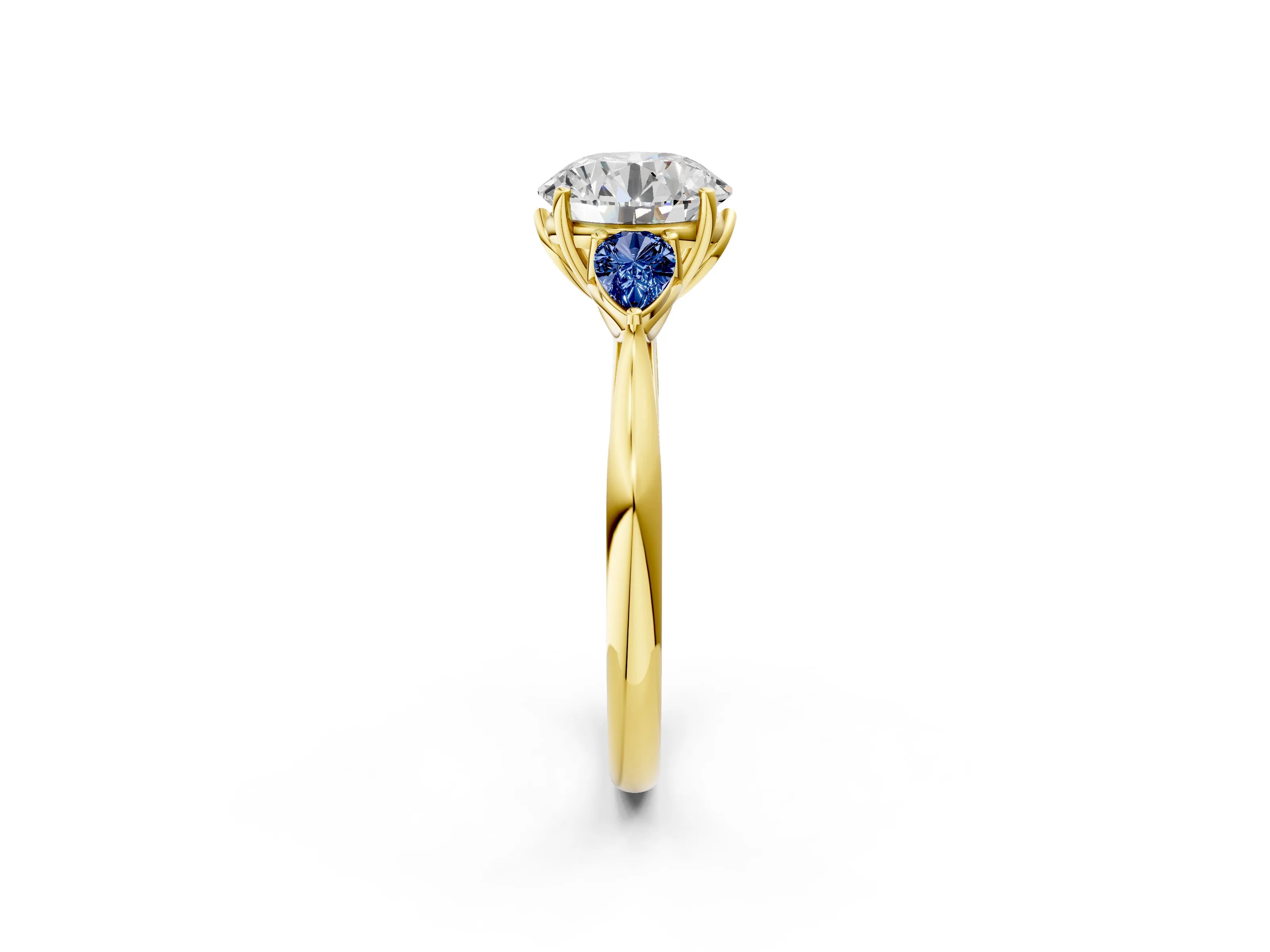 Yellow gold Round Cut Diamond Three-Stone Ring with Pear with Blue Sapphire side stone Side Stones and Prong Setting_2
