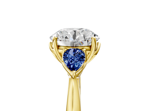 Yellow gold Round Cut Diamond Three-Stone Ring with Pear with Blue Sapphire side stone Side Stones and Prong Setting_5
