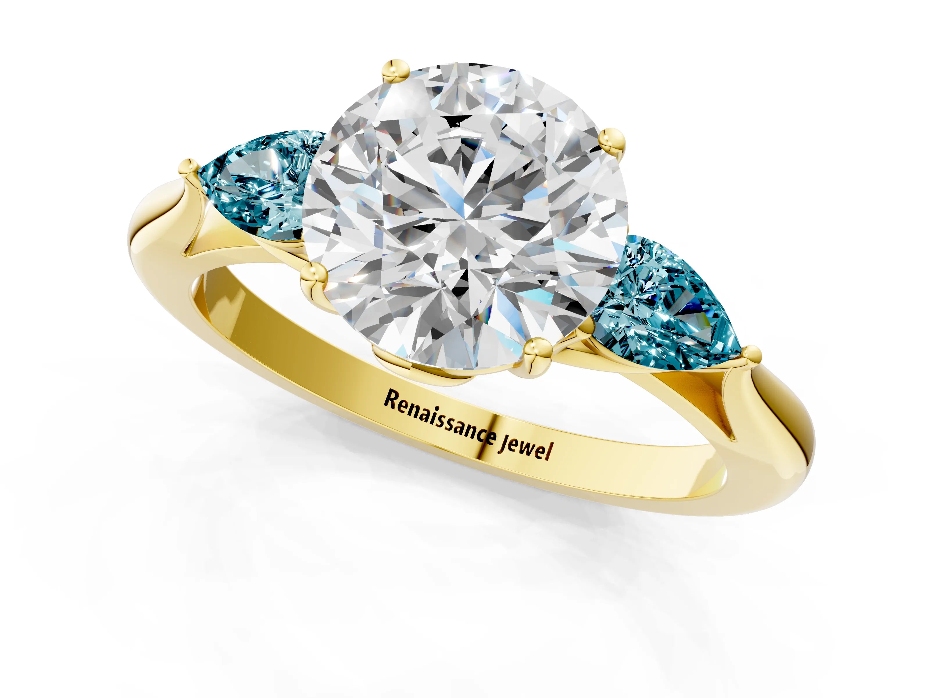 Yellow gold Round Cut Diamond Three-Stone Ring with Pear with Blue Topaz side stone Side Stones and Prong Setting_1