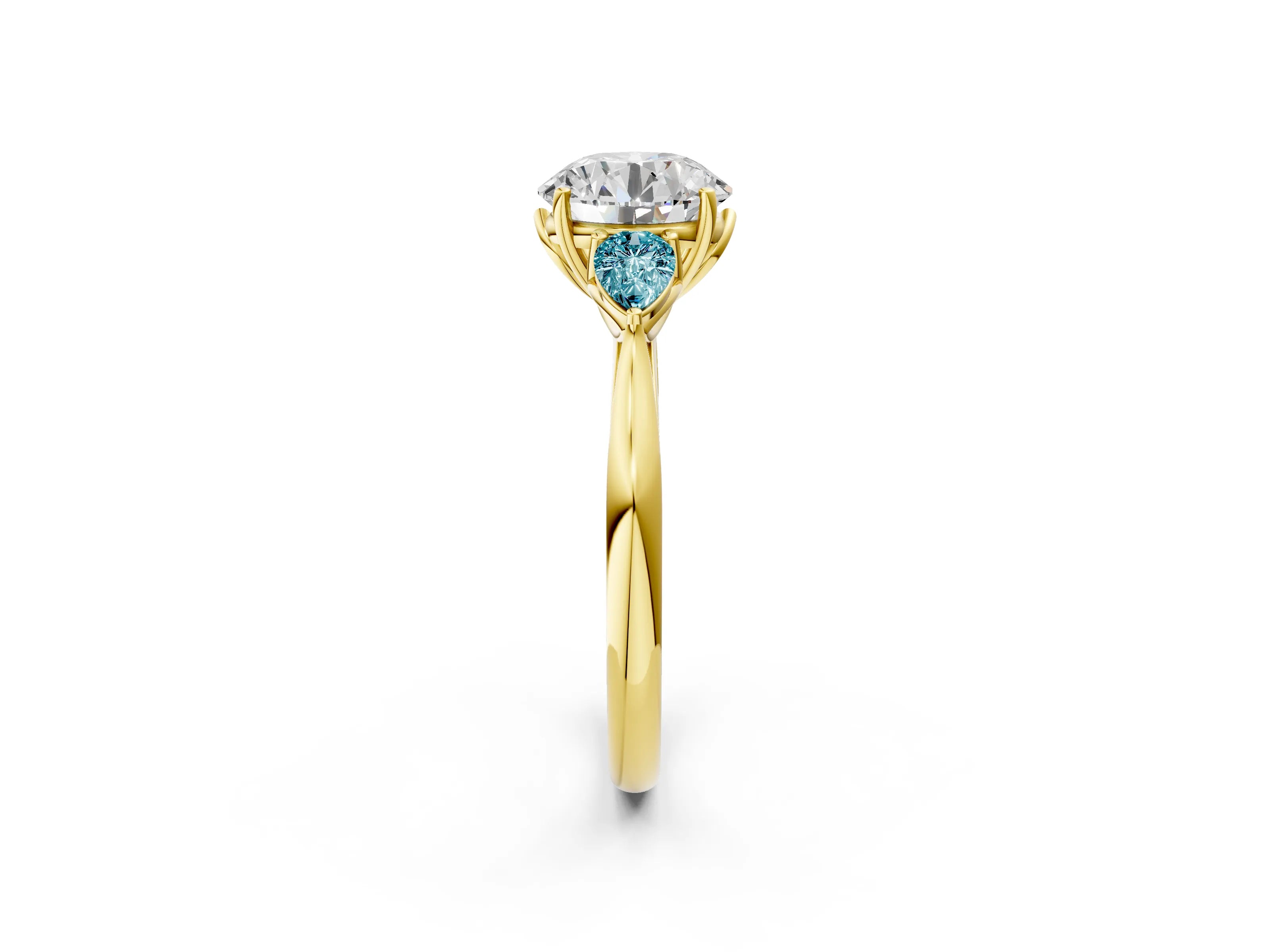 Yellow gold Round Cut Diamond Three-Stone Ring with Pear with Blue Topaz side stone Side Stones and Prong Setting_2