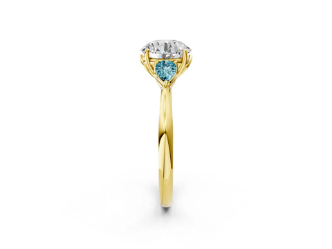 Yellow gold Round Cut Diamond Three-Stone Ring with Pear with Blue Topaz side stone Side Stones and Prong Setting_2