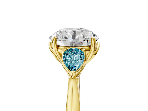 Yellow gold Round Cut Diamond Three-Stone Ring with Pear with Blue Topaz side stone Side Stones and Prong Setting_5