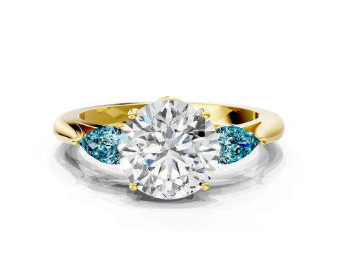 Yellow gold Round Cut Diamond Three-Stone Ring with Pear with Blue Topaz side stone Side Stones and Prong Setting