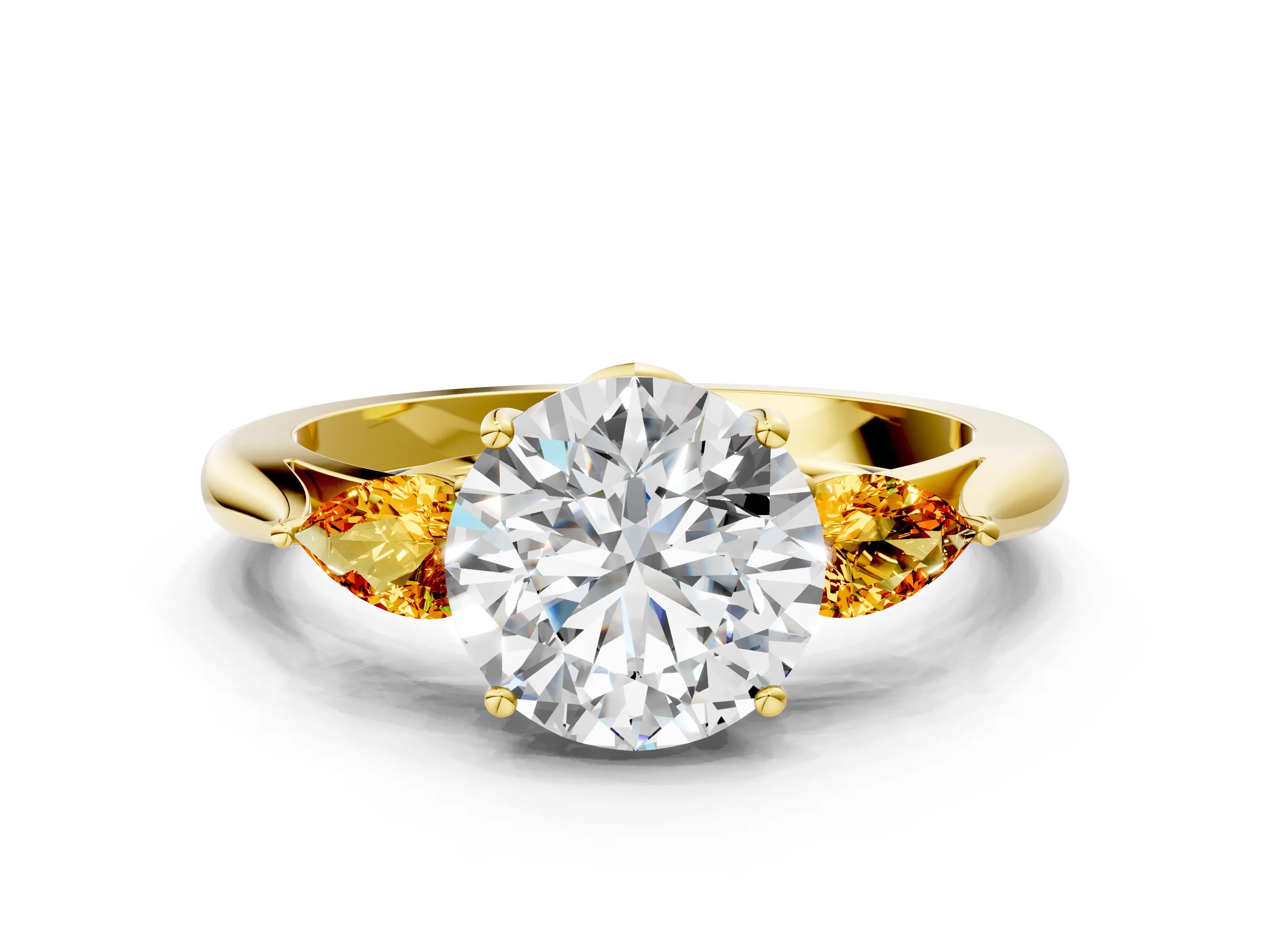 Yellow gold Round Cut Diamond Three-Stone Ring with Pear with Citrine side stone Side Stones and Prong Setting