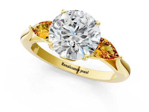 Yellow gold Round Cut Diamond Three-Stone Ring with Pear with Citrine side stone Side Stones and Prong Setting_1