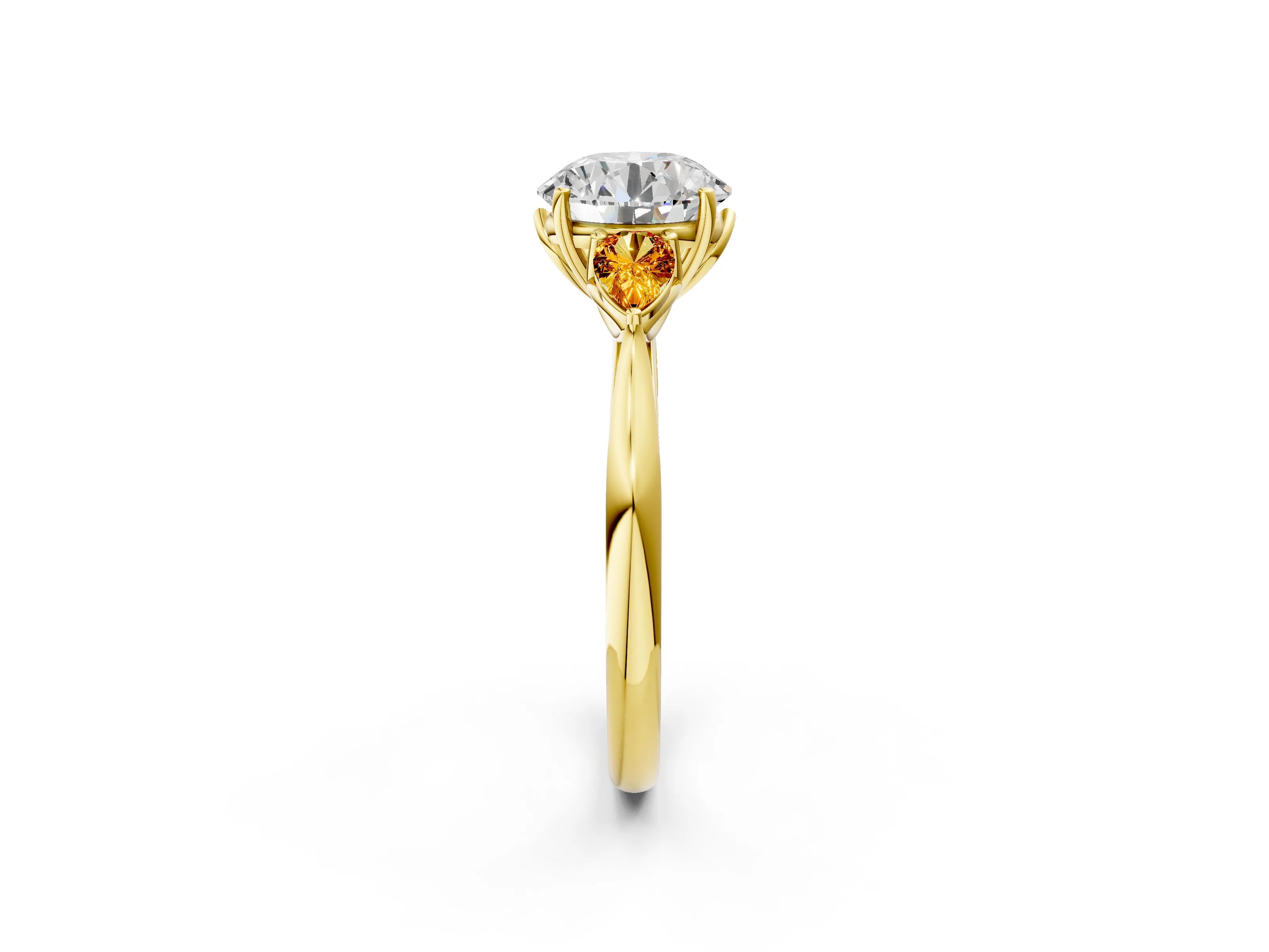 Yellow gold Round Cut Diamond Three-Stone Ring with Pear with Citrine side stone Side Stones and Prong Setting_2