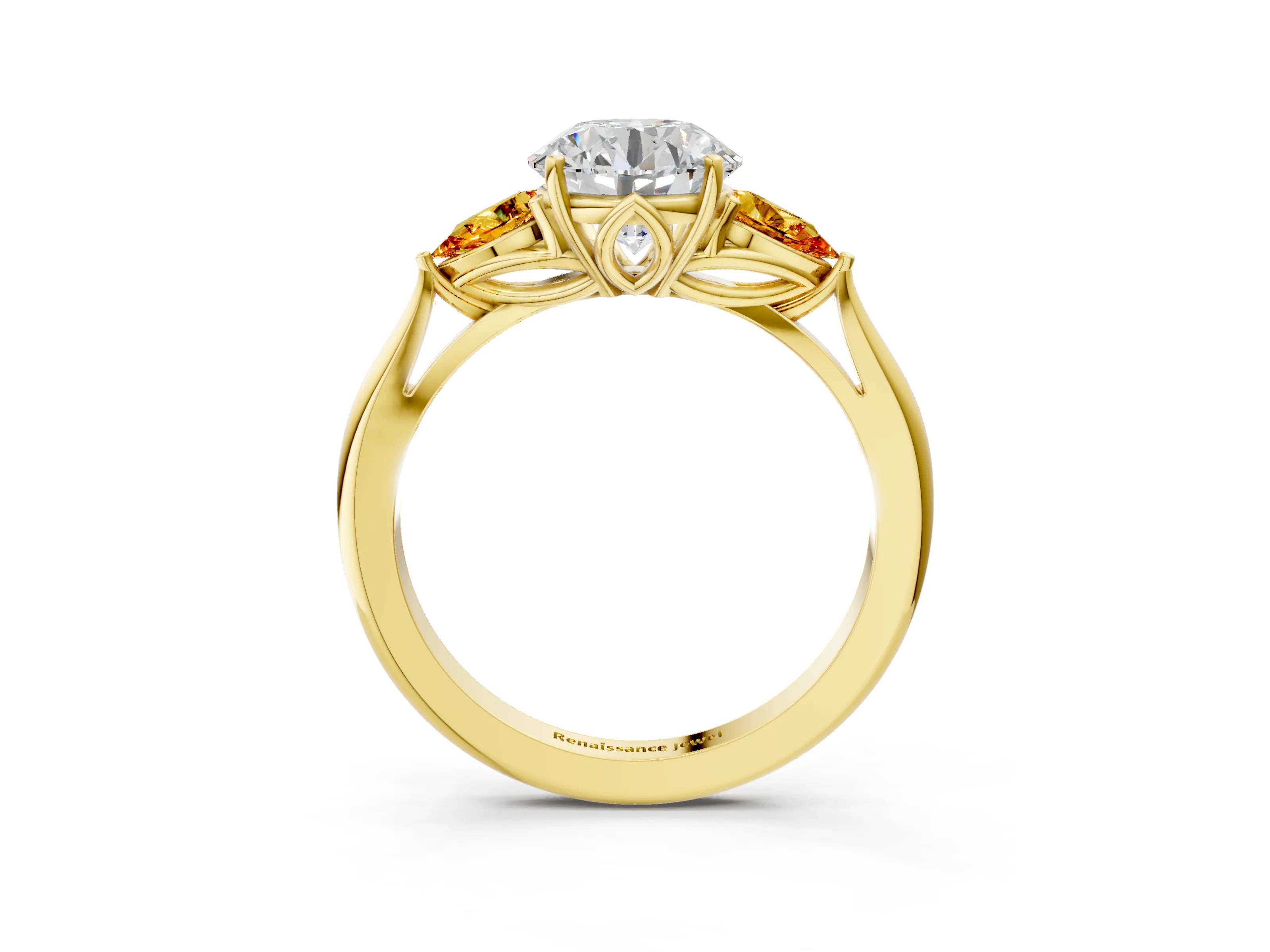 Yellow gold Round Cut Diamond Three-Stone Ring with Pear with Citrine side stone Side Stones and Prong Setting_3