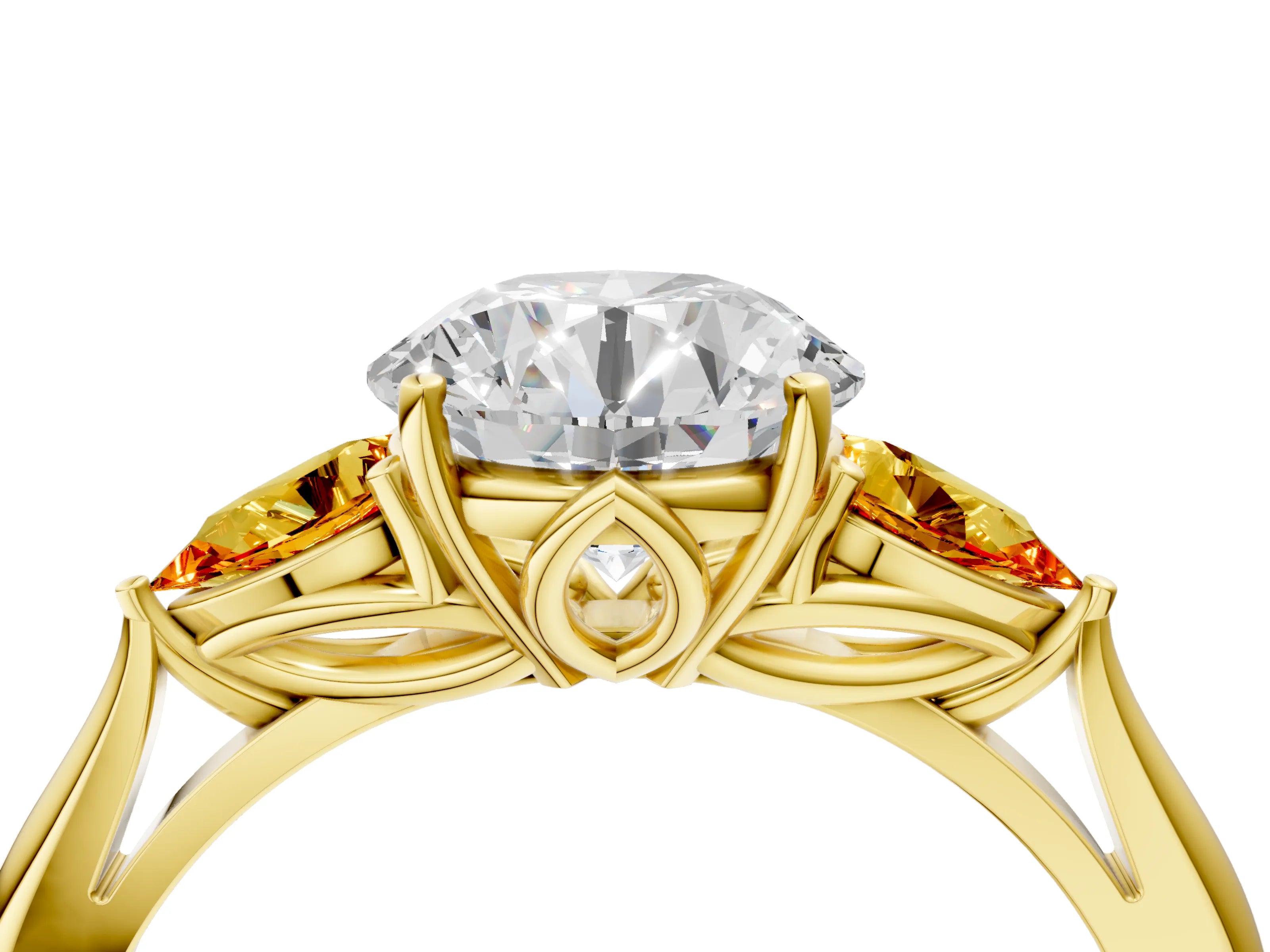 Yellow gold Round Cut Diamond Three-Stone Ring with Pear with Citrine side stone Side Stones and Prong Setting_4