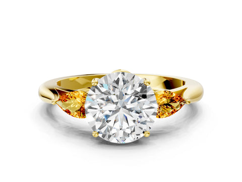 Yellow gold Round Cut Diamond Three-Stone Ring with Pear with Citrine side stone Side Stones and Prong Setting