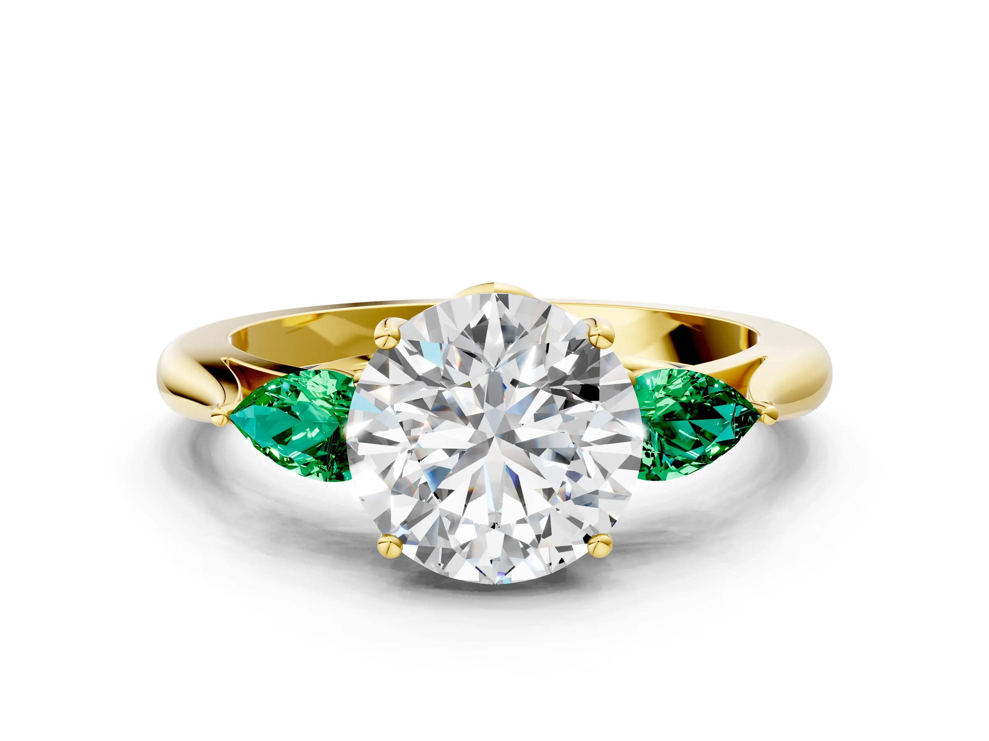 Yellow gold Round Cut Diamond Three-Stone Ring with Pear with Emerald side stone Side Stones and Prong Setting