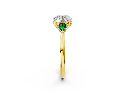 Yellow gold Round Cut Diamond Three-Stone Ring with Pear with Emerald side stone Side Stones and Prong Setting_2