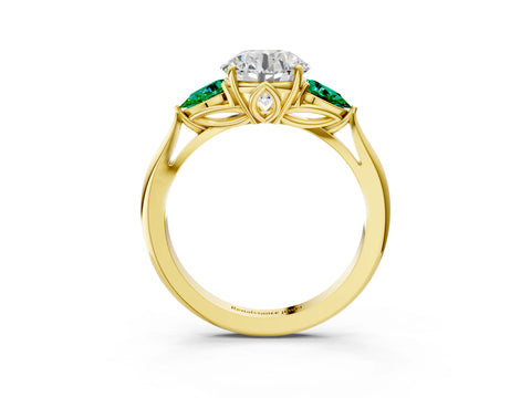 Yellow gold Round Cut Diamond Three-Stone Ring with Pear with Emerald side stone Side Stones and Prong Setting_3