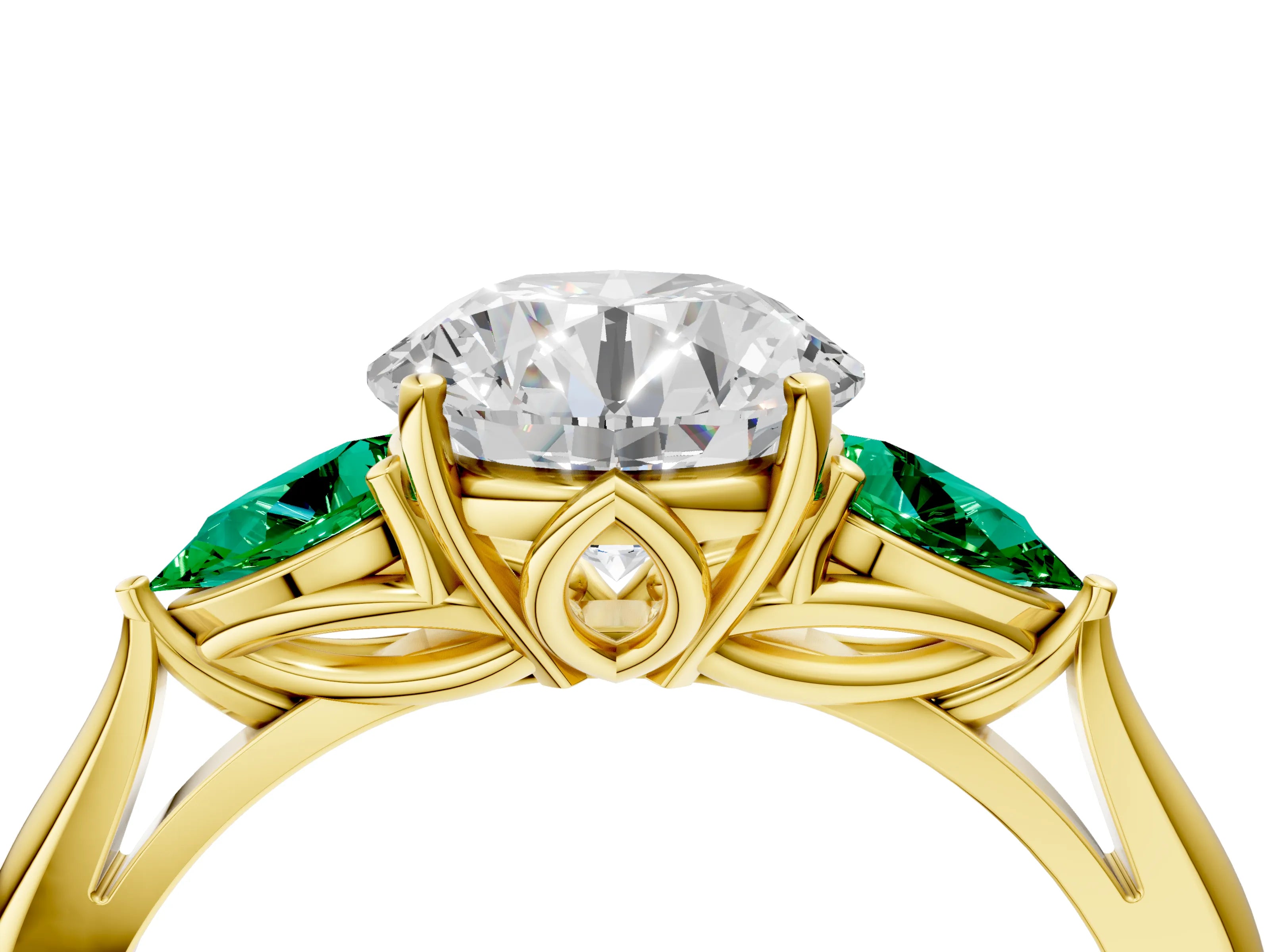 Yellow gold Round Cut Diamond Three-Stone Ring with Pear with Emerald side stone Side Stones and Prong Setting_4