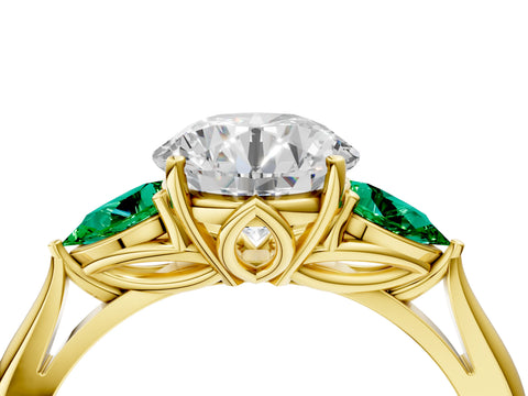 Yellow gold Round Cut Diamond Three-Stone Ring with Pear with Emerald side stone Side Stones and Prong Setting_4