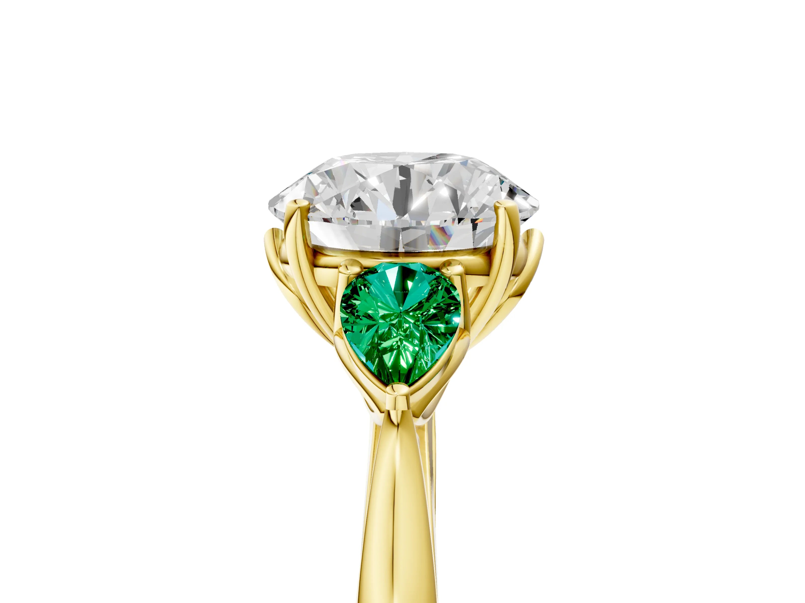 Yellow gold Round Cut Diamond Three-Stone Ring with Pear with Emerald side stone Side Stones and Prong Setting_5
