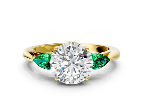 Yellow gold Round Cut Diamond Three-Stone Ring with Pear with Emerald side stone Side Stones and Prong Setting