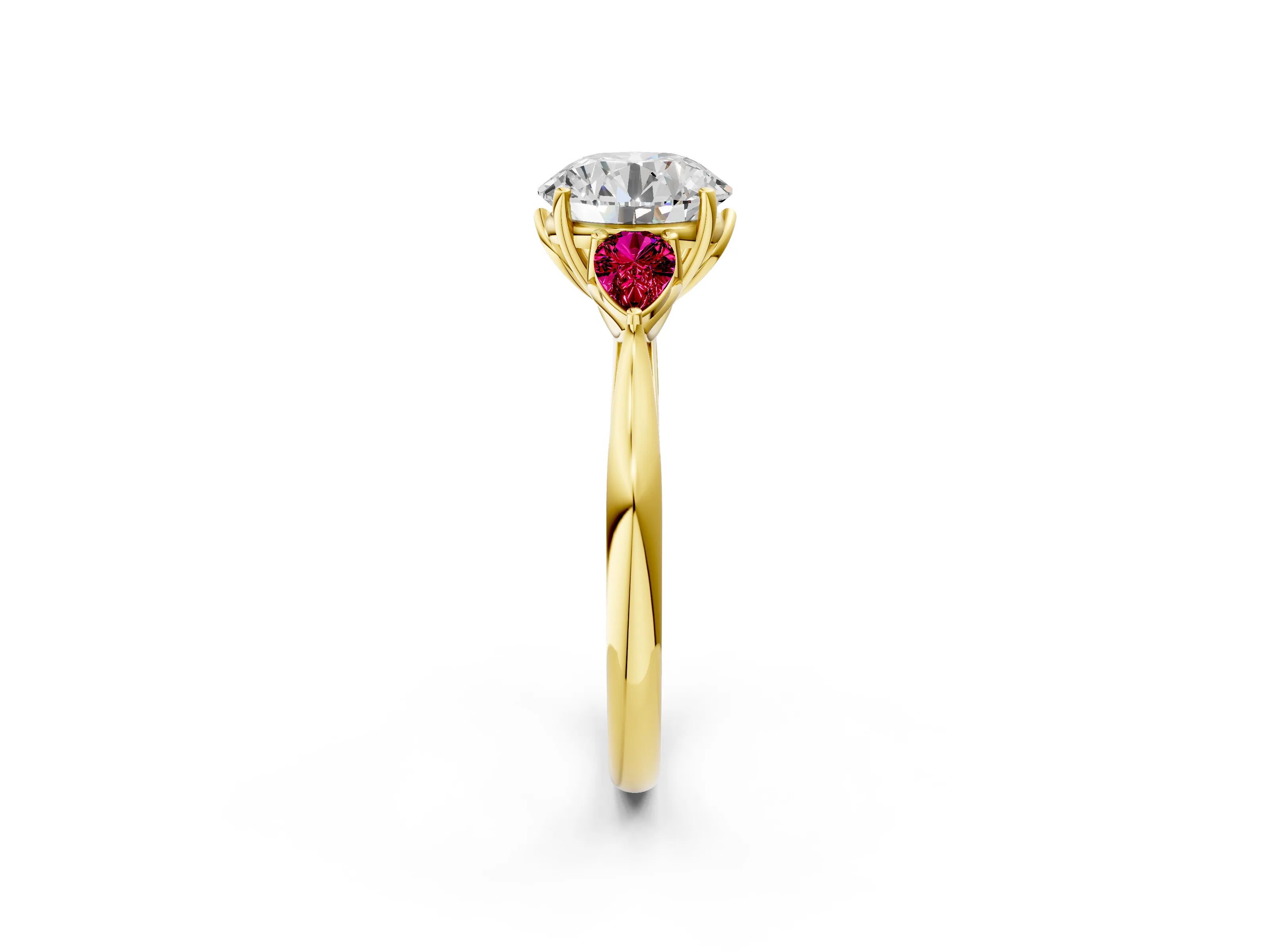 Yellow gold Round Cut Diamond Three-Stone Ring with Pear with Garnet side stone Side Stones and Prong Setting_2