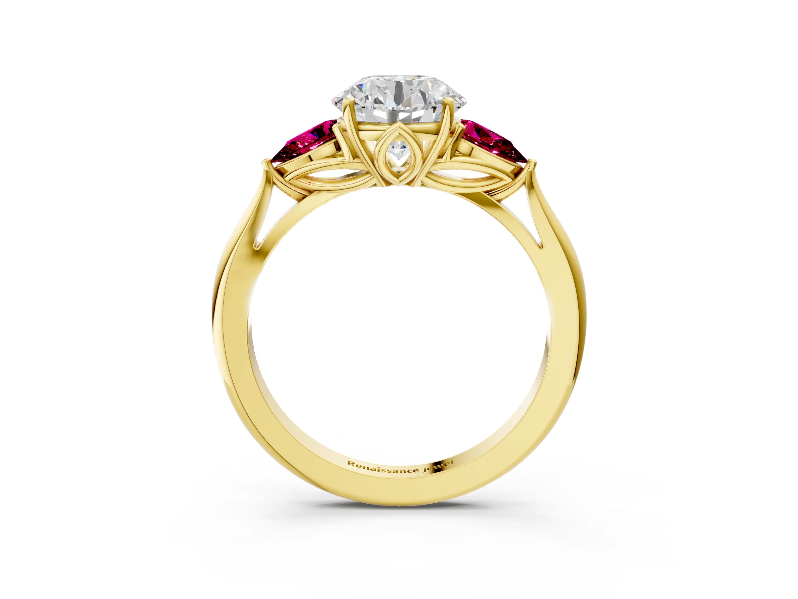 Yellow gold Round Cut Diamond Three-Stone Ring with Pear with Garnet side stone Side Stones and Prong Setting_3