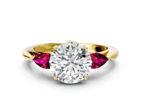 Yellow gold Round Cut Diamond Three-Stone Ring with Pear with Garnet side stone Side Stones and Prong Setting