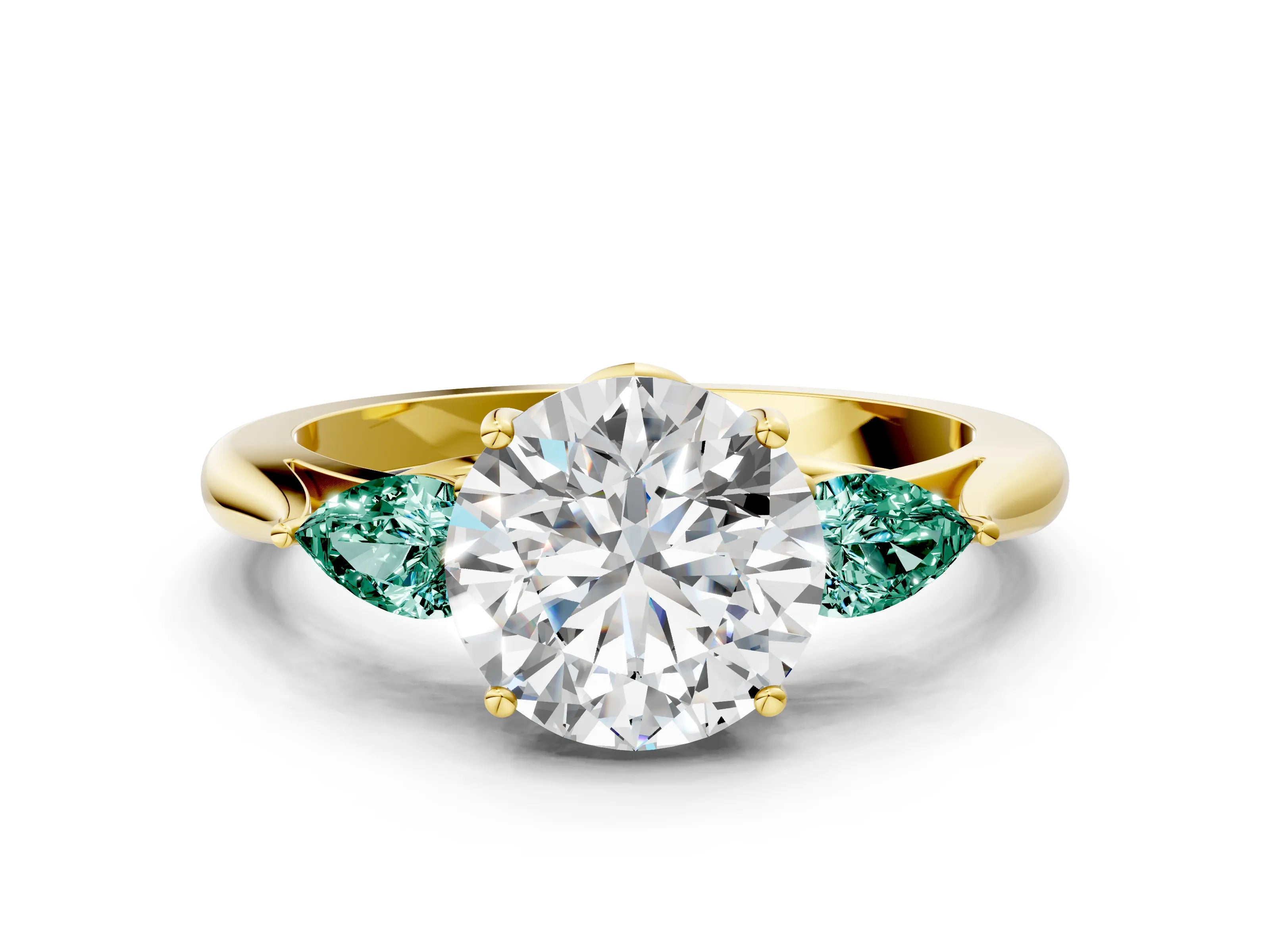 Yellow gold Round Cut Diamond Three-Stone Ring with Pear with Green Sapphire side stone Side Stones and Prong Setting