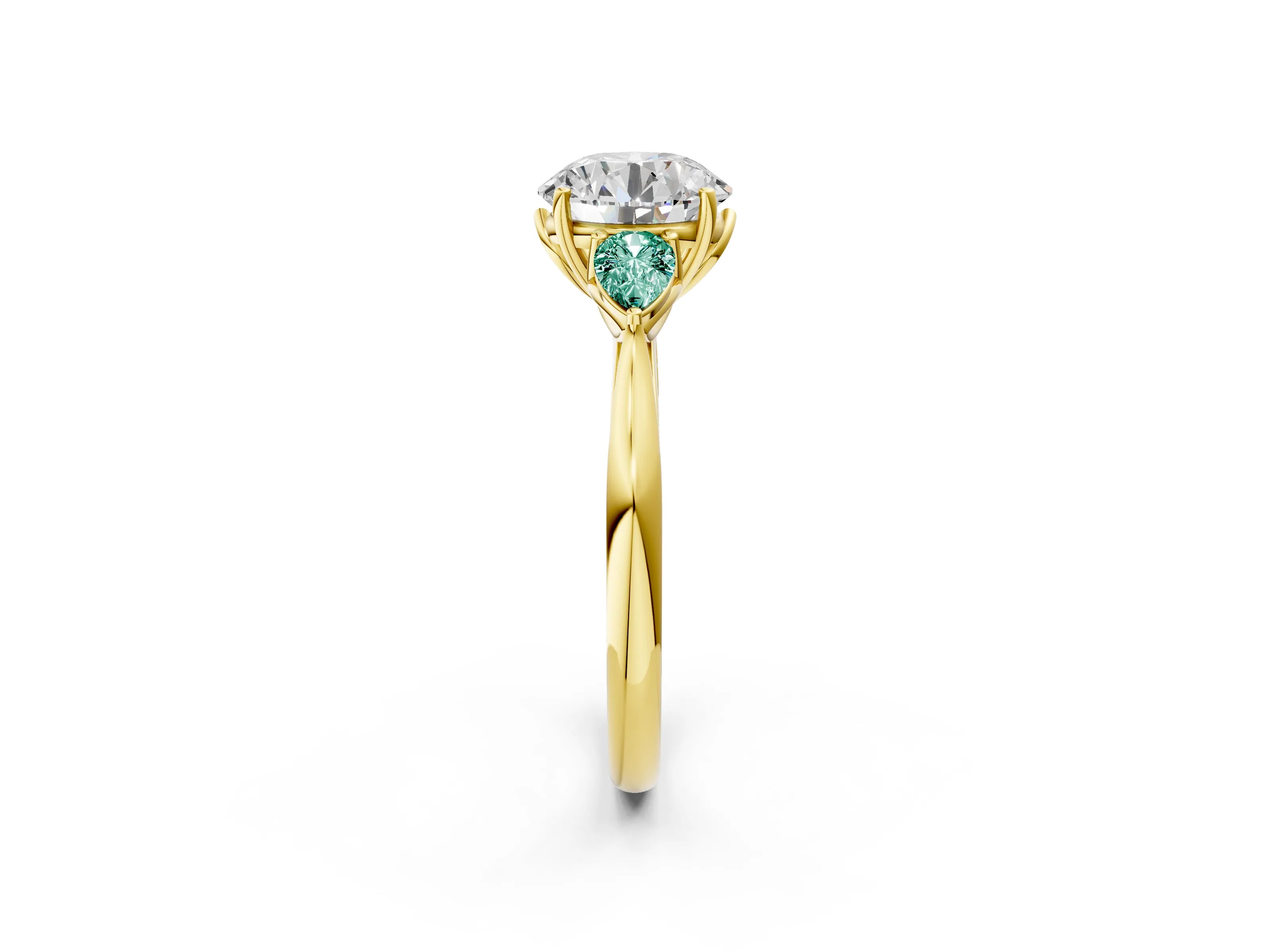 Yellow gold Round Cut Diamond Three-Stone Ring with Pear with Green Sapphire side stone Side Stones and Prong Setting_2