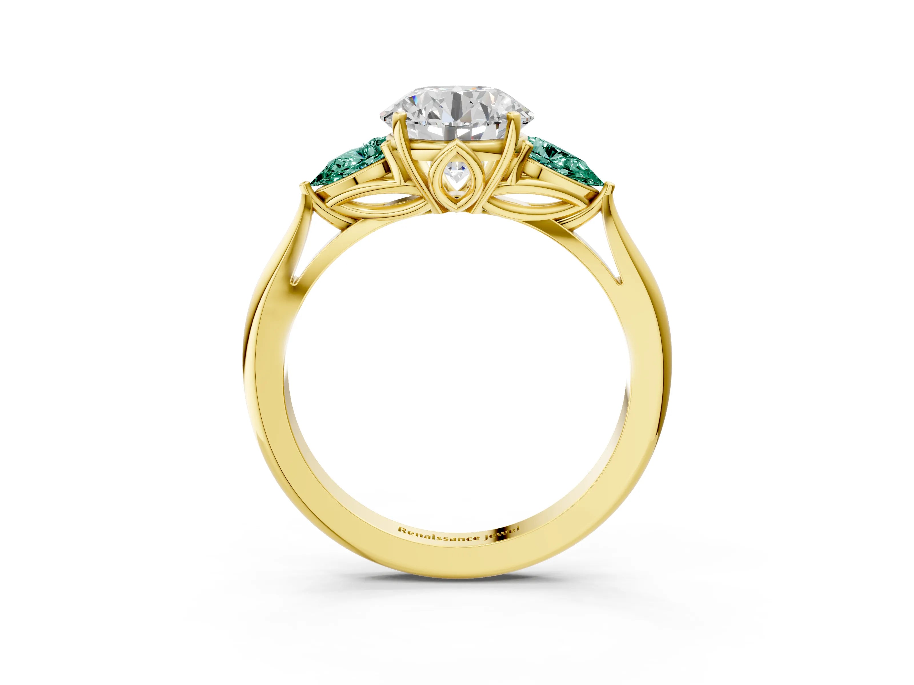 Yellow gold Round Cut Diamond Three-Stone Ring with Pear with Green Sapphire side stone Side Stones and Prong Setting_3