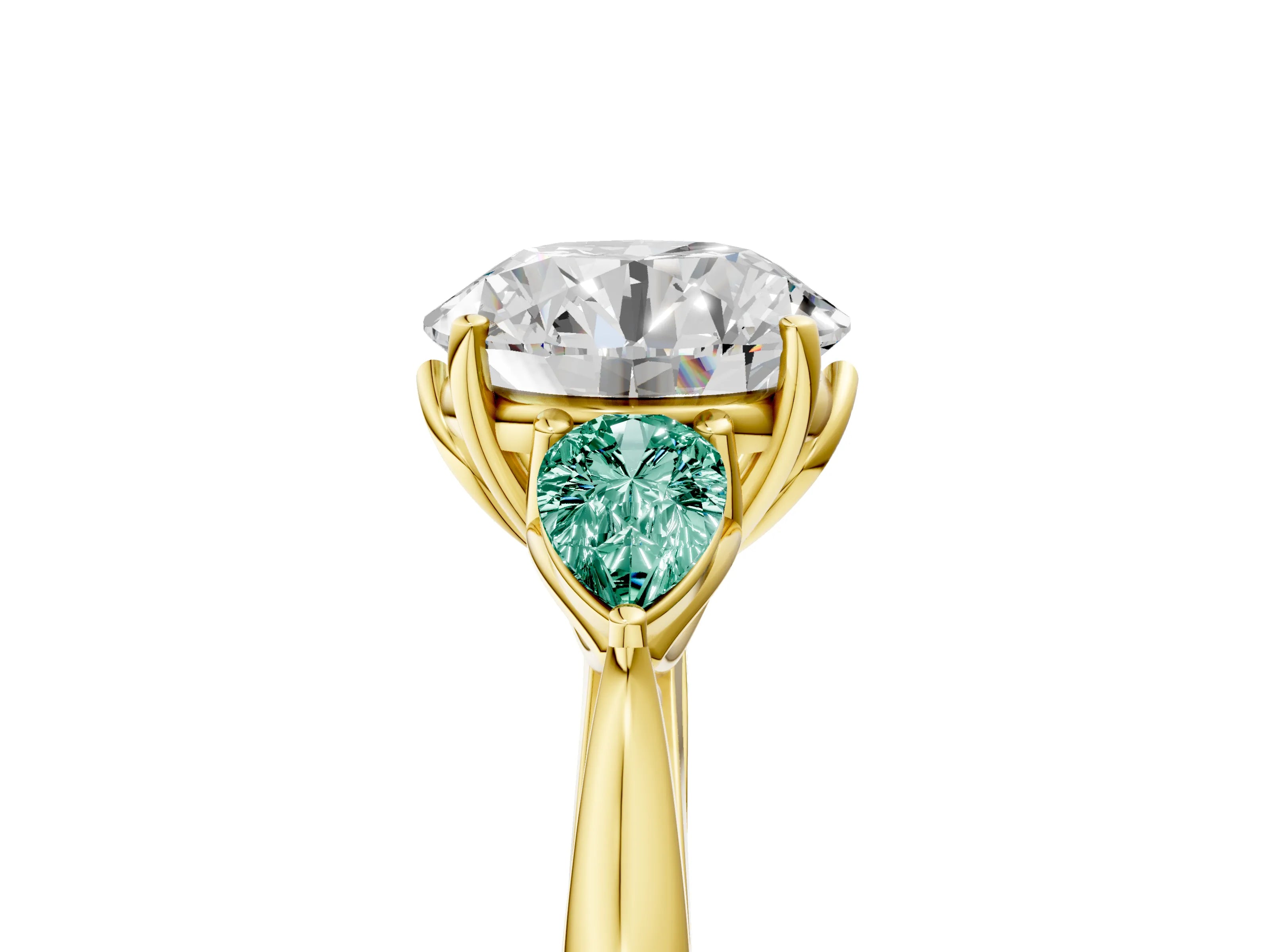 Yellow gold Round Cut Diamond Three-Stone Ring with Pear with Green Sapphire side stone Side Stones and Prong Setting_5