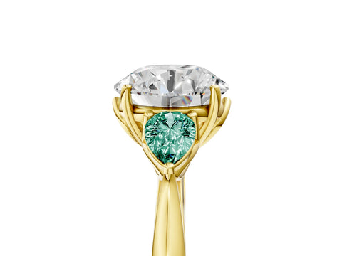 Yellow gold Round Cut Diamond Three-Stone Ring with Pear with Green Sapphire side stone Side Stones and Prong Setting_5