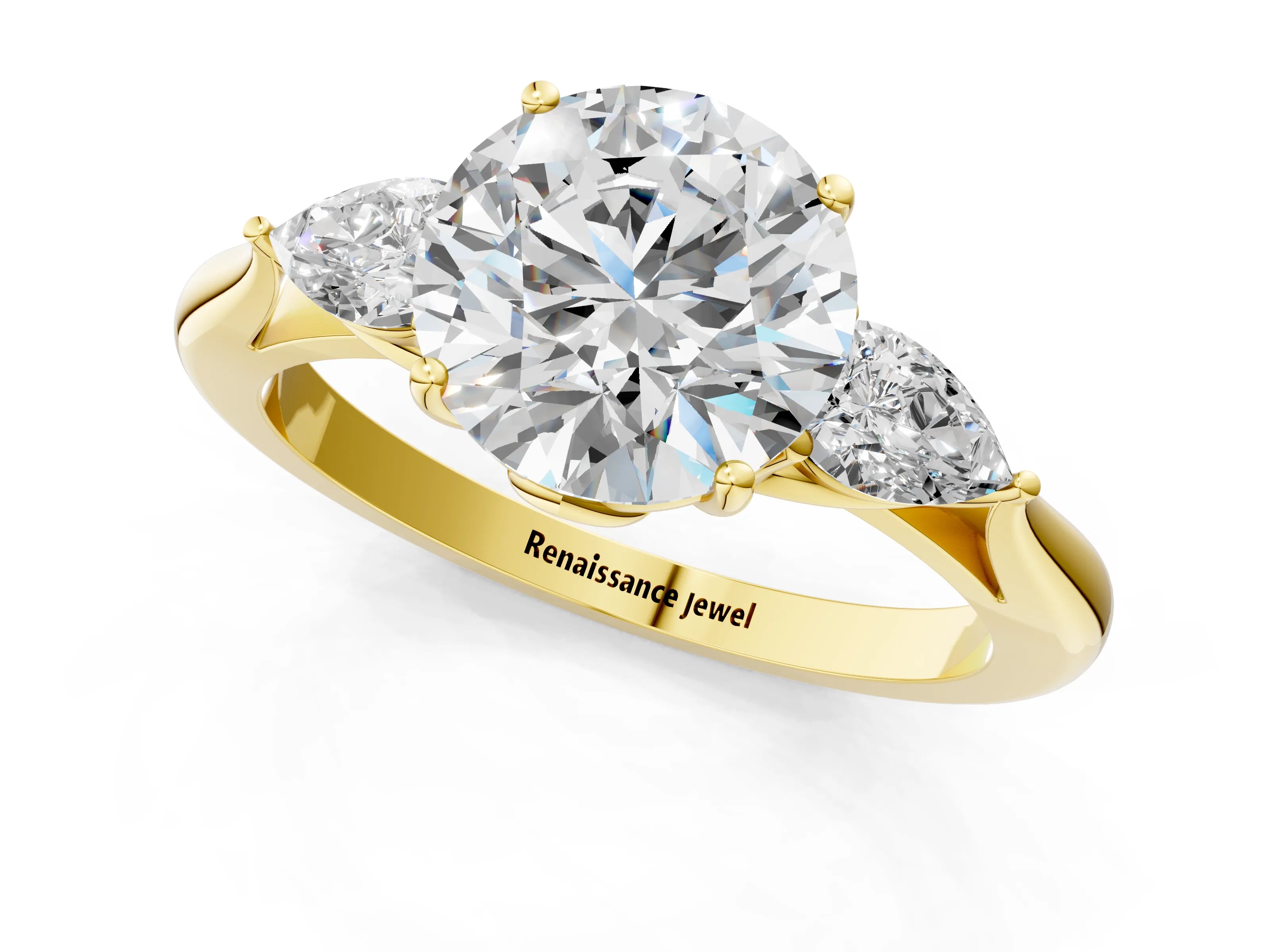Yellow gold Round Cut Diamond Three-Stone Ring with Pear with Moissanite side stone Side Stones and Prong Setting_1