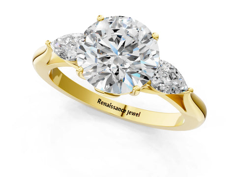 Yellow gold Round Cut Diamond Three-Stone Ring with Pear with Moissanite side stone Side Stones and Prong Setting_1