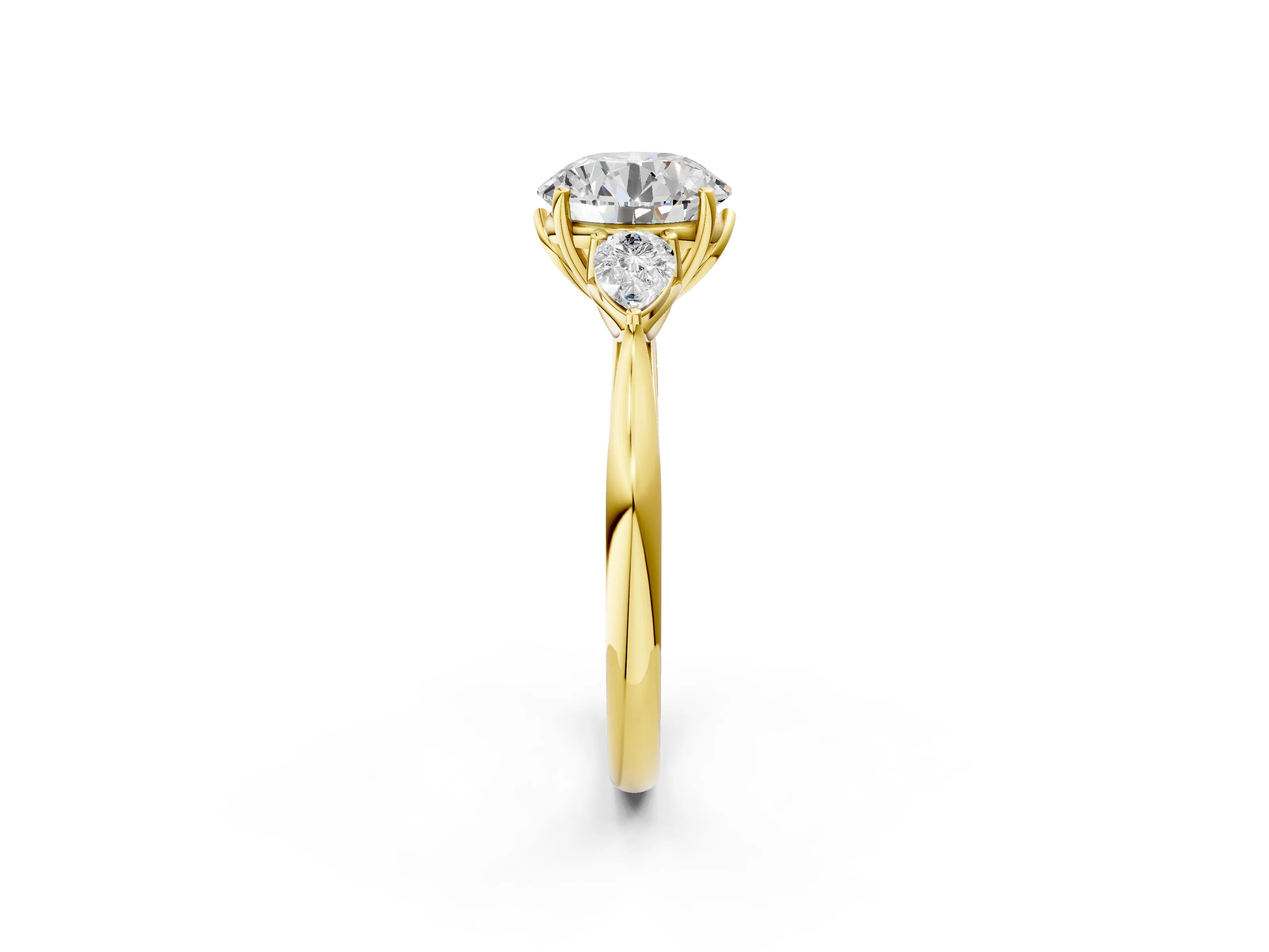 Yellow gold Round Cut Diamond Three-Stone Ring with Pear with Moissanite side stone Side Stones and Prong Setting_2