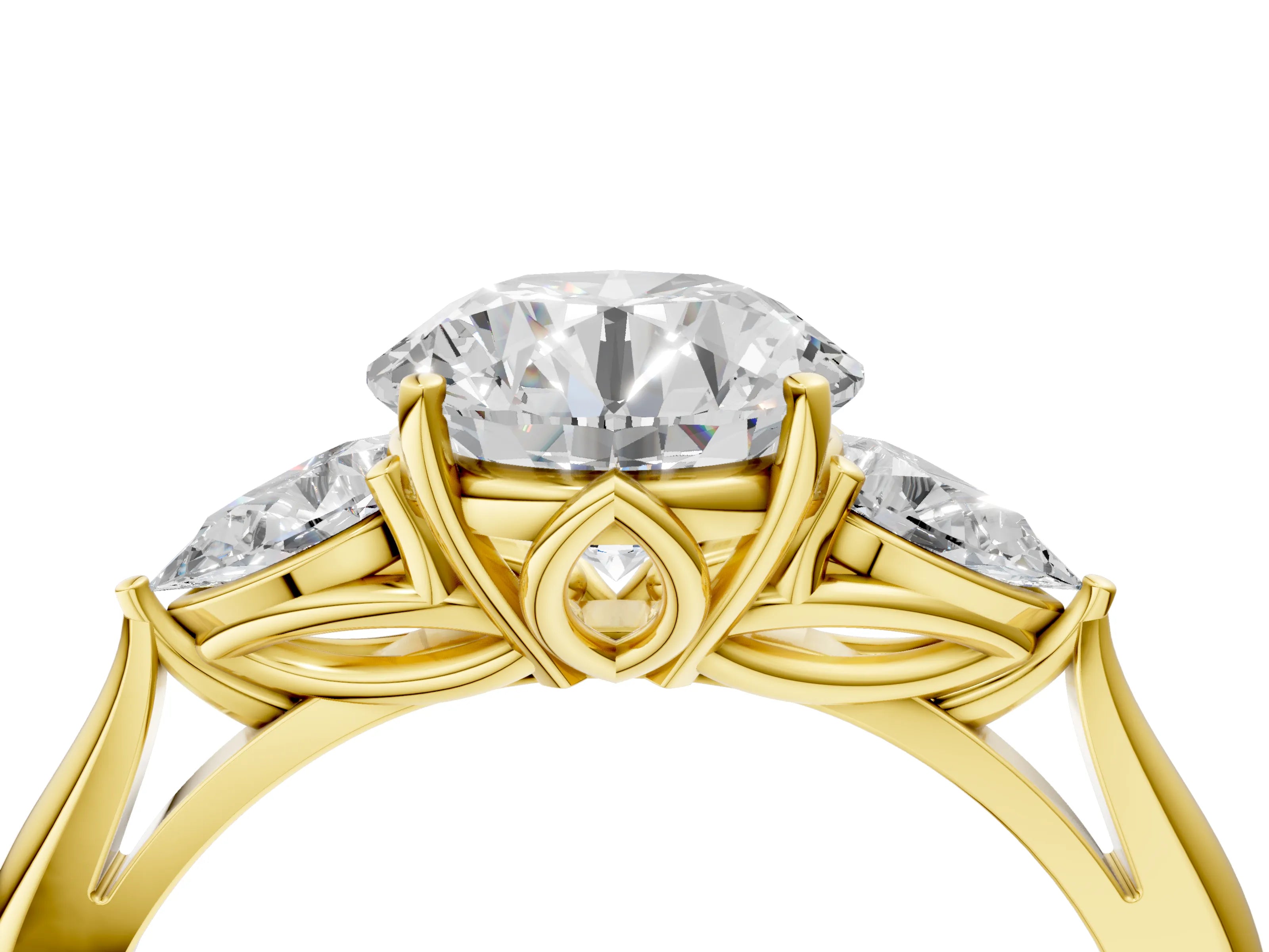 Yellow gold Round Cut Diamond Three-Stone Ring with Pear with Moissanite side stone Side Stones and Prong Setting_4