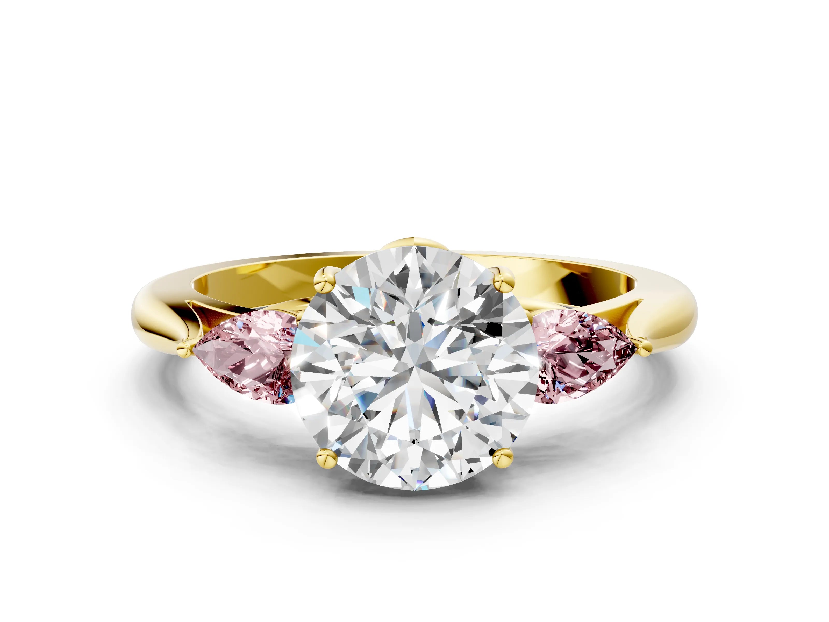 Yellow gold Round Cut Diamond Three-Stone Ring with Pear with Morganite side stone Side Stones and Prong Setting