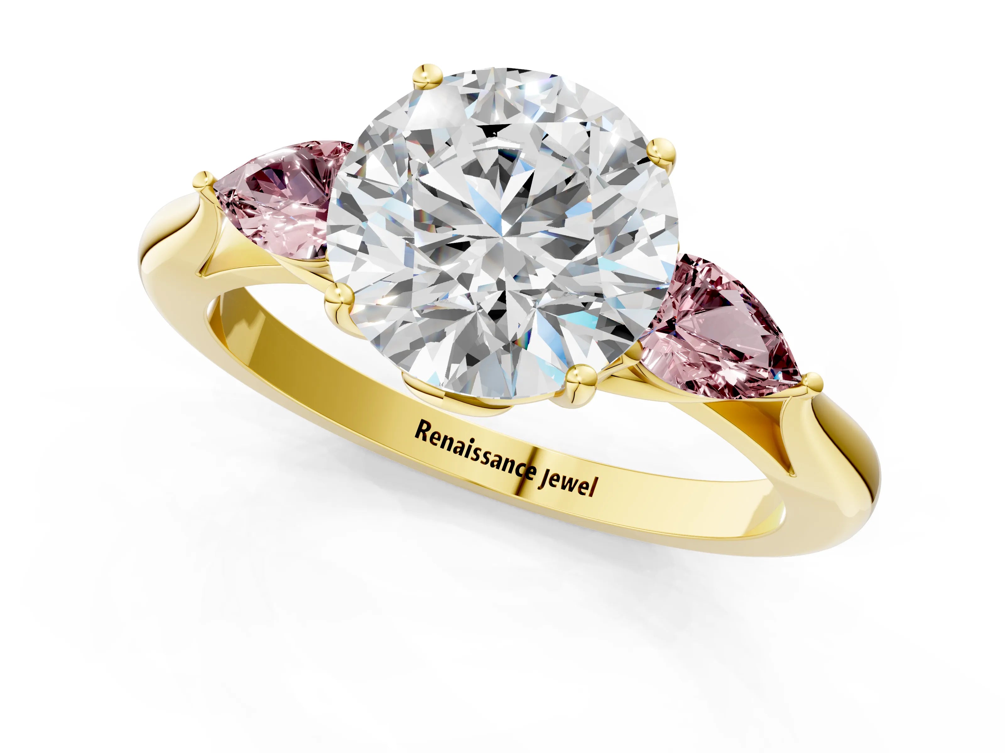 Yellow gold Round Cut Diamond Three-Stone Ring with Pear with Morganite side stone Side Stones and Prong Setting_1