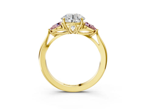 Yellow gold Round Cut Diamond Three-Stone Ring with Pear with Morganite side stone Side Stones and Prong Setting_3
