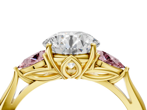 Yellow gold Round Cut Diamond Three-Stone Ring with Pear with Morganite side stone Side Stones and Prong Setting_4