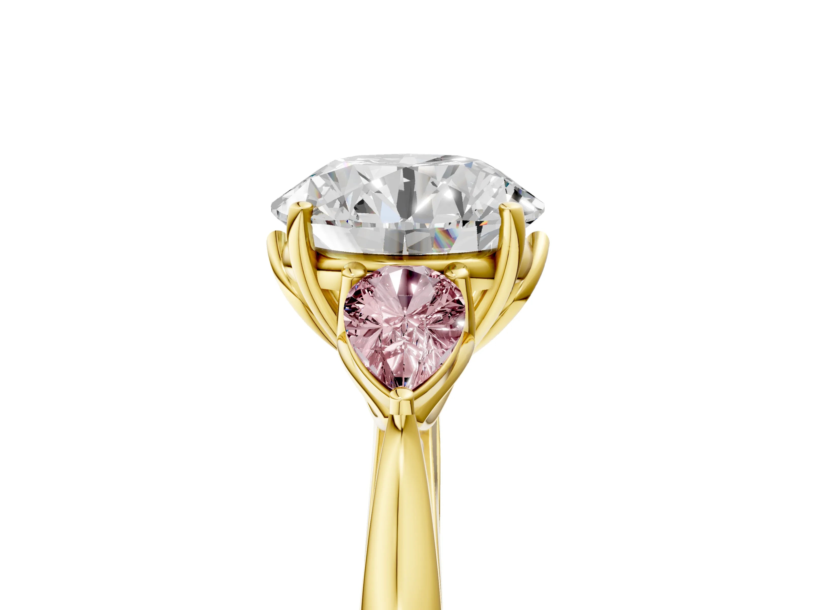 Yellow gold Round Cut Diamond Three-Stone Ring with Pear with Morganite side stone Side Stones and Prong Setting_5